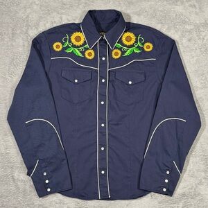 Women L Western Shirt Señor De Los Cielos Navy Sunflower Embroidered Pearl Rodeo